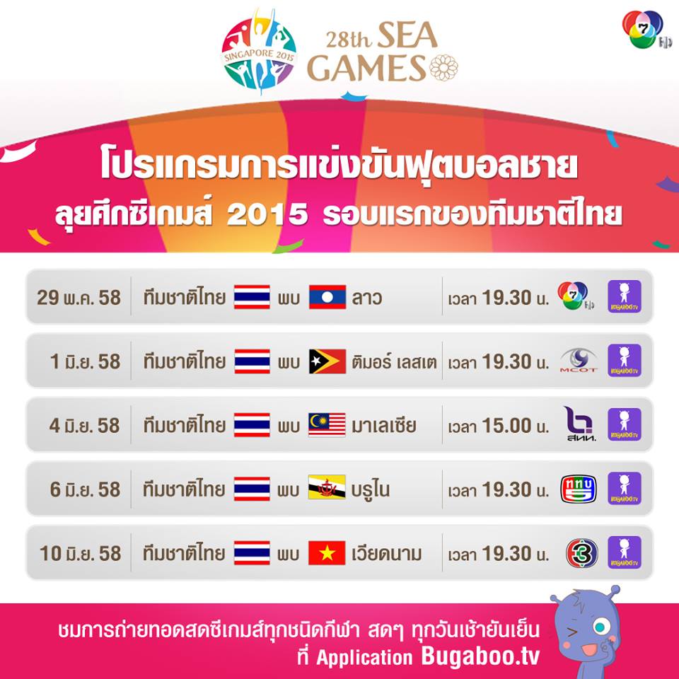 โปรแกรมถ่ายทอดฟุตบอลไทยซีเกมส์ 2015